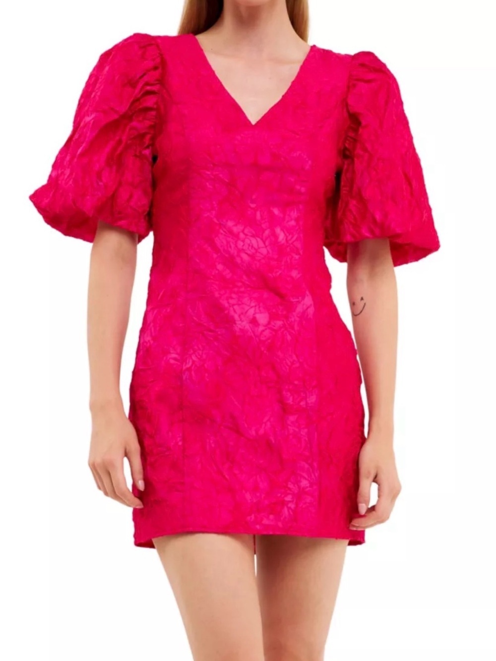 Endless Rose Pink Floral Jacquard Mini Dress Puff Bubble Sleeve Women’s Medium